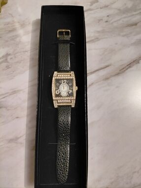 Crystal-Accent Black Leather Strap Watch